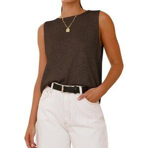 🆕Btfbm Women Brown Sleeveless Crew Neck Ribbed Lightweight Pullover Sweater
